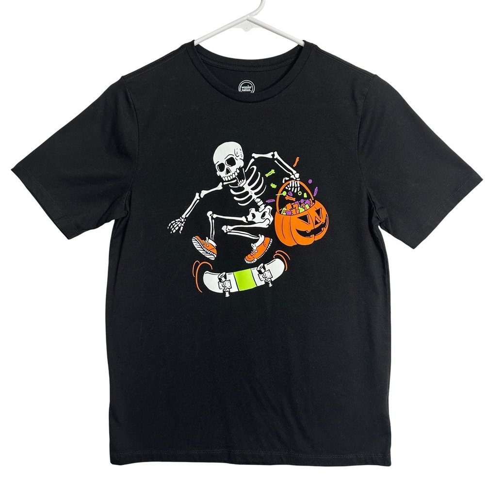 Wonder Nation Boys XL 14-16 Halloween Skeleton Skateboard Pumpkin Tee Black